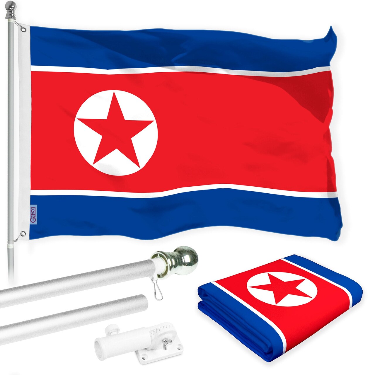 G128 Combo Pack: 6 Ft Tangle Free Aluminum Spinning Flagpole (Silver) & North Korea North Korean | 3x5 Ft | LiteWeave Pro Series Printed 150D Polyester | Pole with Flag Included